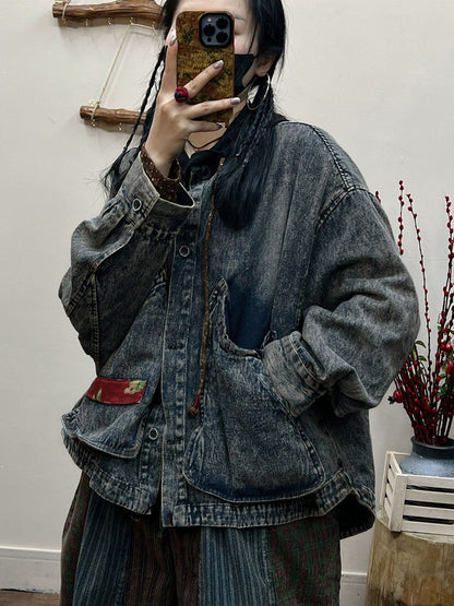 Spring Retro Irregular Patch Pocket Denim Coat At1031