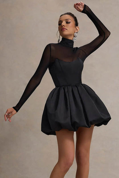 Winter Mesh Sheer Slim Fit Puff Mini Dress