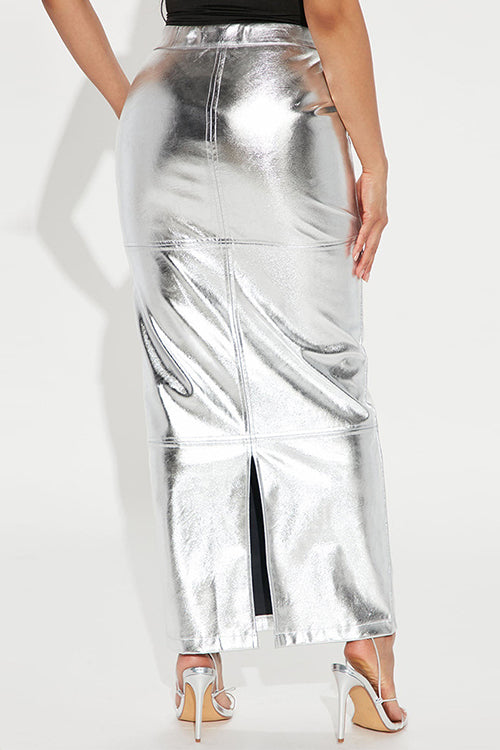 Back Slit Faux Leather Bodycon Maxi Skirt