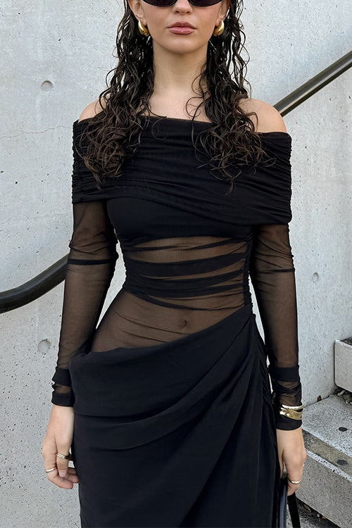 Off Shoulder Mesh Patchwork Ruched Maxi Dress