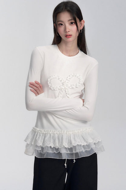 Ruffle Bow Lace Trim Sweater
