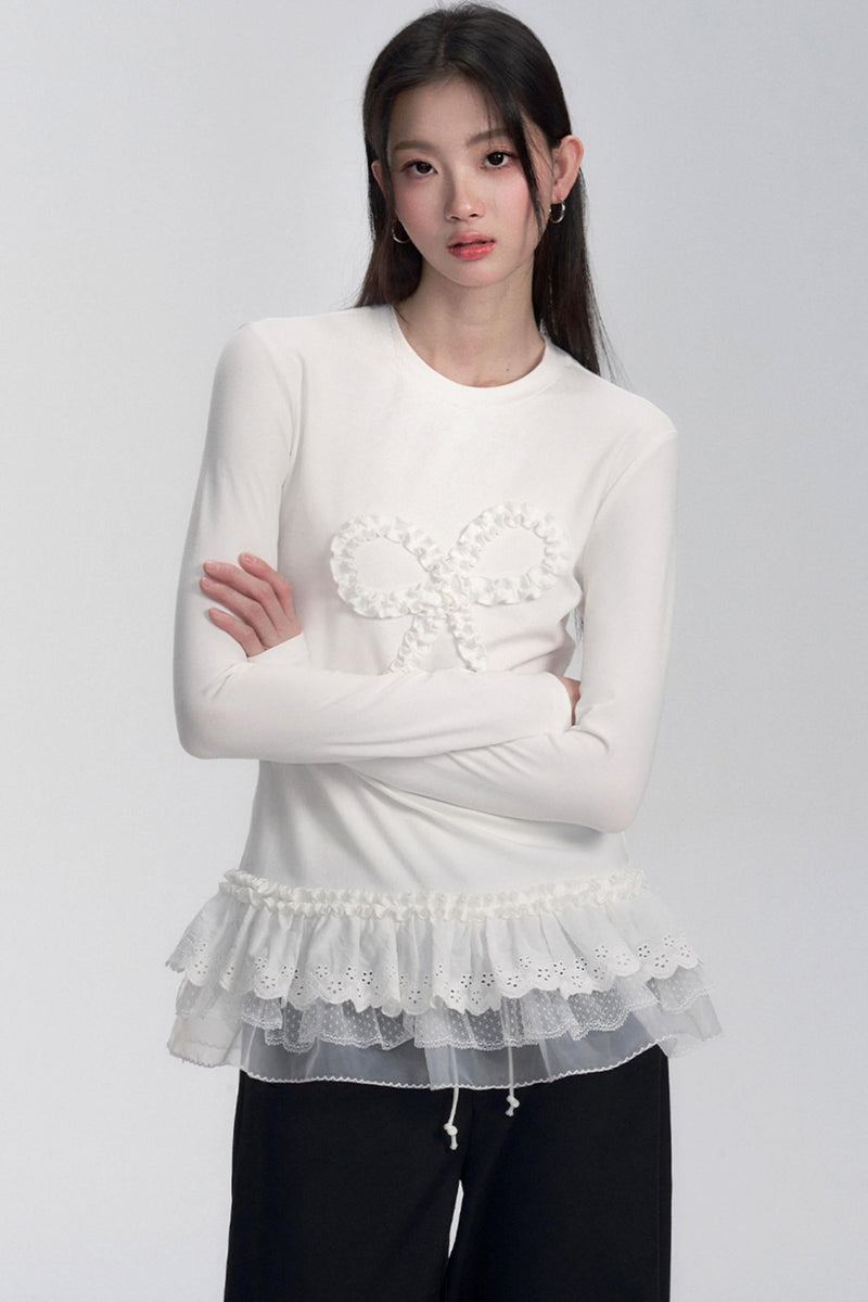 Ruffle Bow Lace Trim Sweater