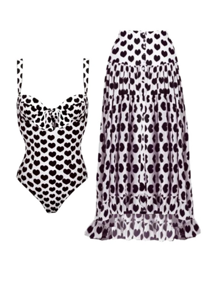 Sling Lace Up Printed One Piece Swimsuit and Beach Skirt