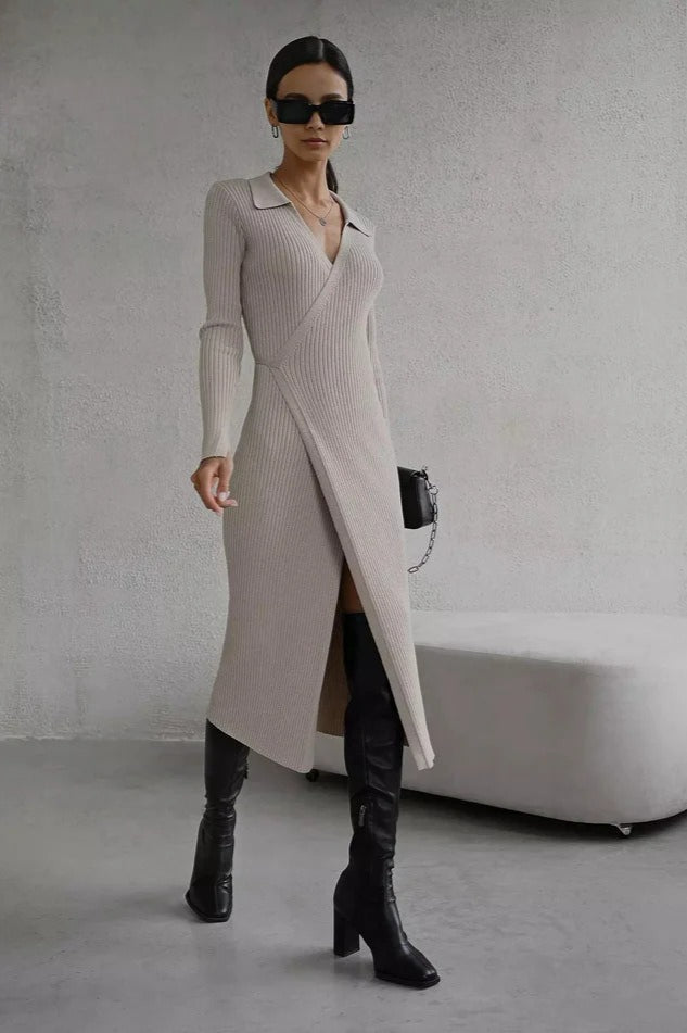 Belted Long Sleeve Knit Sweater Dress