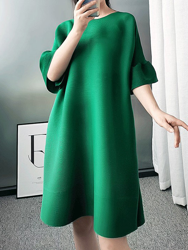 Stylish Selection Flared Sleeves A-line Pleated Color Round-neck Midi Dresses