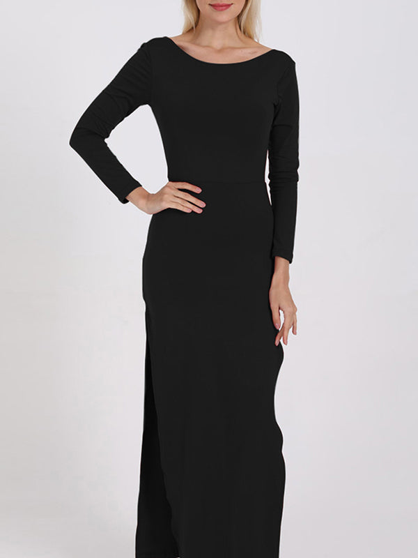 Bodycon Long Sleeves Backless Color Split-joint Split-side Round-neck Maxi Dresses