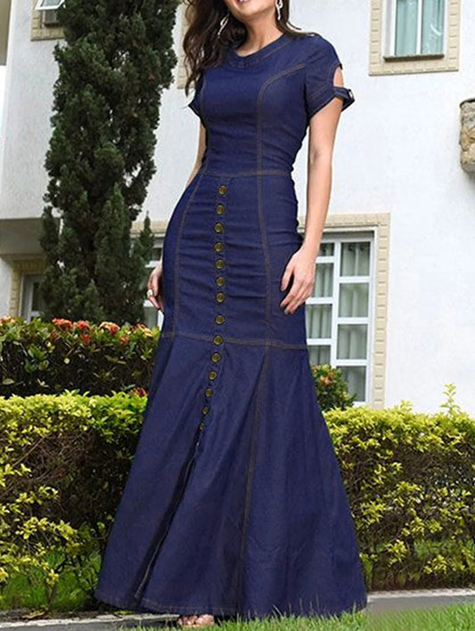 Bodycon Mermaid Buttoned Hollow Split-joint Round-neck Maxi Dresses
