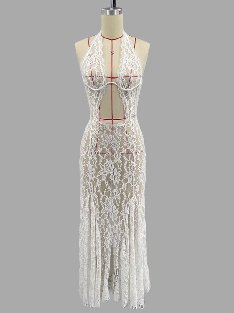 White Lace Printed Maxi Dress for Summer Backless See-through Patchwork Beach Dress Female Long Dress