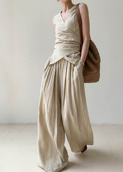 Boutique Apricot V Neck Wrinkled Linen Vest and Wide Leg Pants Two Pieces Set Summer An1025