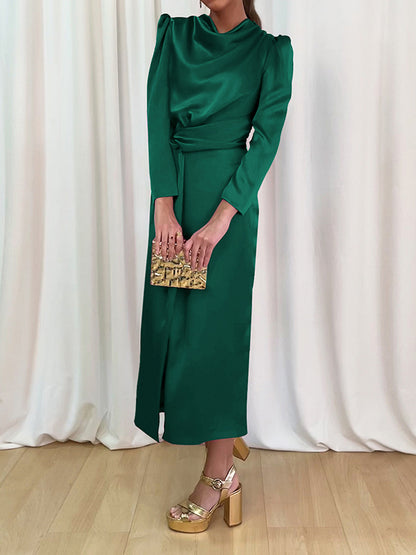 A-line High Waisted Pleated Color Split-front Mock Neck Maxi Dresses