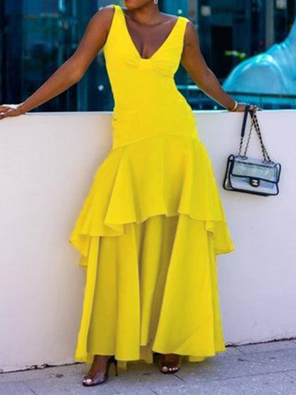 A-line Loose Color Split-joint Tiered V-neck Evening Dresses Maxi Dresses