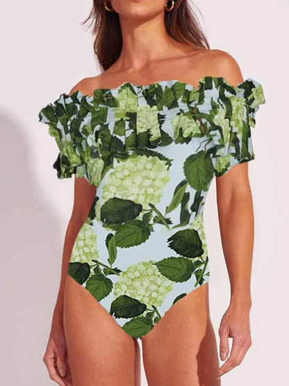 Print One Piece Swimsuit and Skirt
