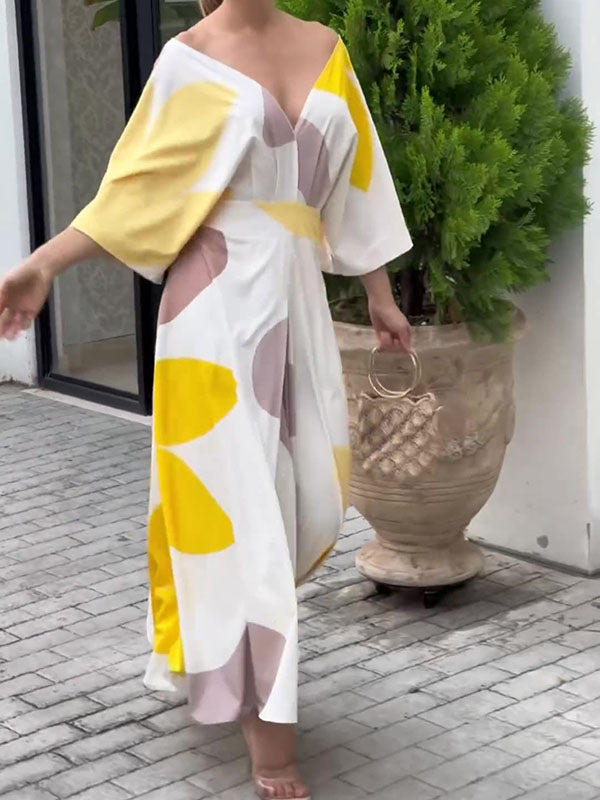 Loose Raglan Sleeve High-waisted Printed Deep V-neck Maxi Dresses