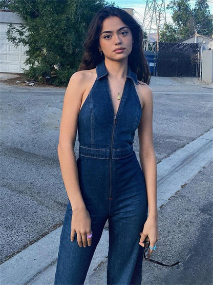 Y2k Denim Jumpsuit New V-neck Sleeveless Slim Bodycon Jumpsuits Overalls One Piece Outfits Jeans