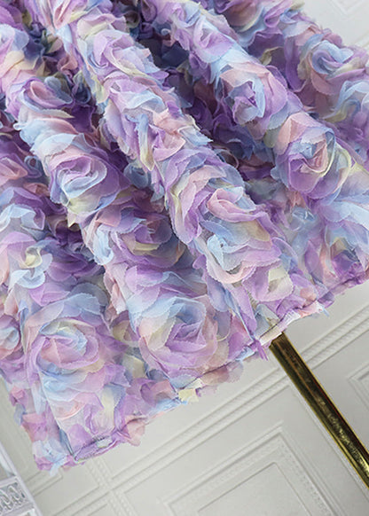 Blue Embroidered Elastic Waist Tulle Maxi Skirt