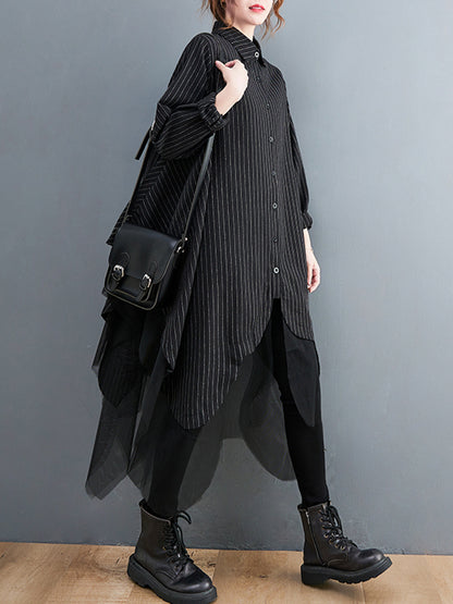Loose Striped Gauze Split-joint Lapel Long Dress