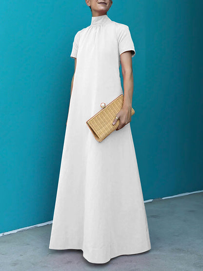 Loose Short Sleeves Color High-neck Maxi Dresses