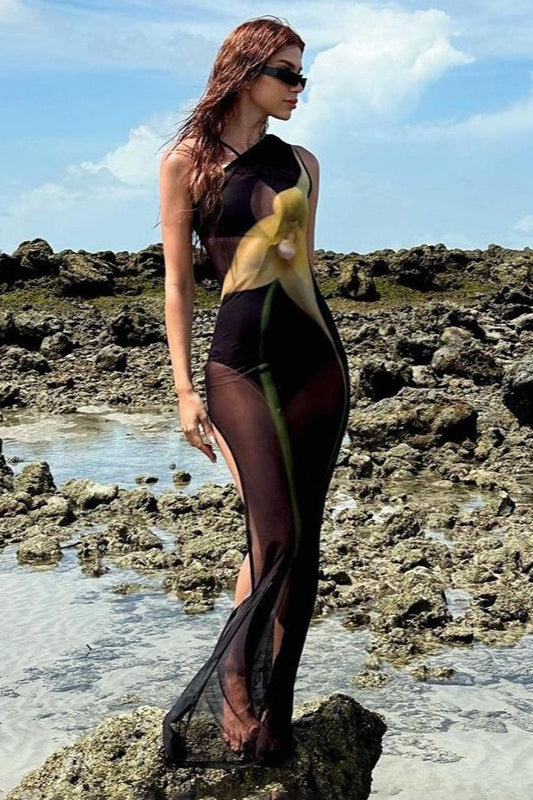 One Shoulder Mesh Print Sheer Split Maxi Dress