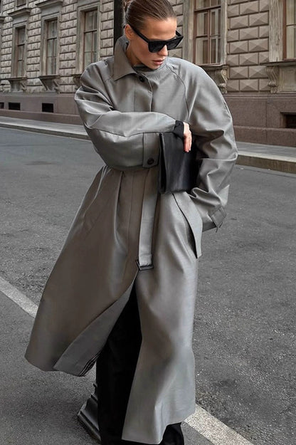 Lazy- European Color Stand Collar Belted Long Overcoat