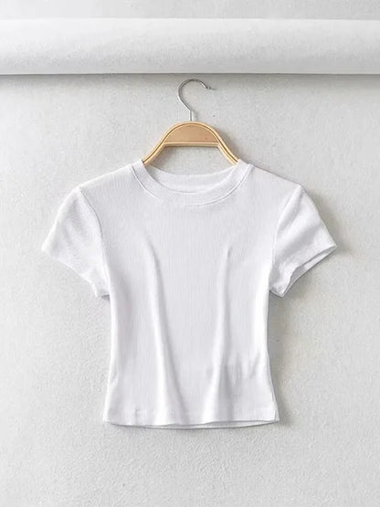 Summer O-neck Short-sleeve T-shirt Slim Elastic Skinny Crop Tops