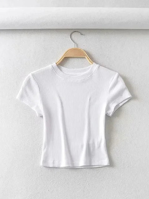 Summer O-neck Short-sleeve T-shirt Slim Elastic Skinny Crop Tops