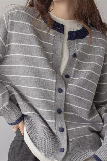 Color Block Stripe Crew Neck Embroidered Cardigan