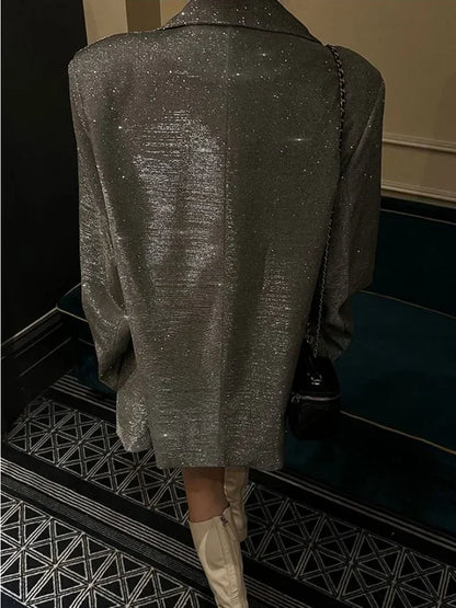 Sequin Glitter Lapel Suit Outwear for – Long Sleeve Coat