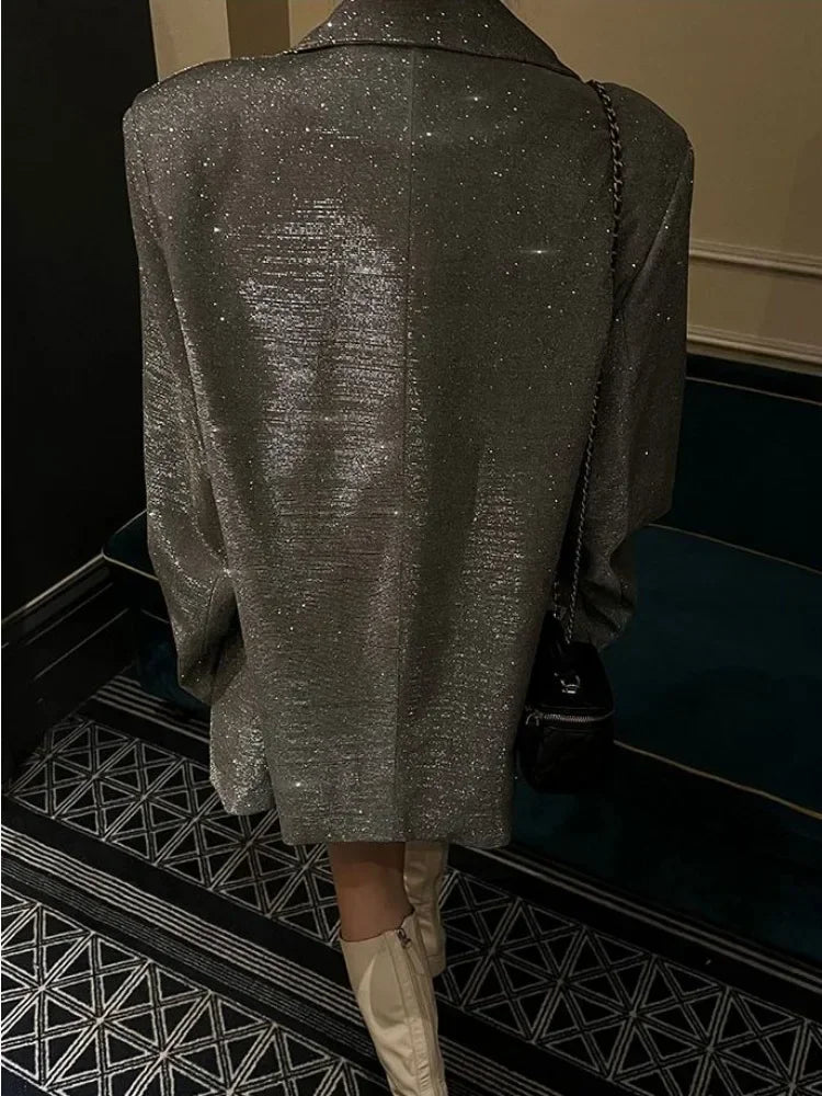 Sequin Glitter Lapel Suit Outwear for – Long Sleeve Coat