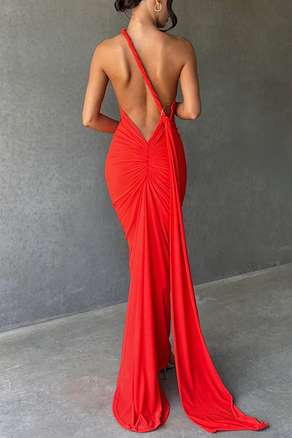 Backless Pleated Slim Color Sleeveless Maxi Dress