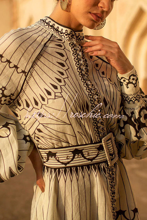 Perfect for Spring Linen Blend Print Button Balloon Sleeve Belted Shirt Midi Dress