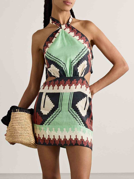 Unique Print Backless Mini Dress