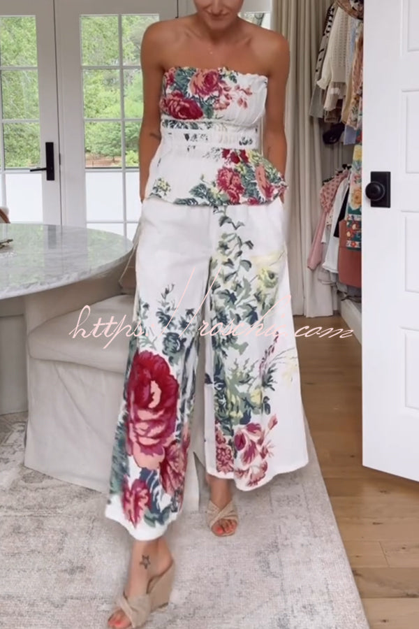 In to the Summer Linen Blend Print Elastic Bandeau and Elastic Waist Pocket Loose Pants Set