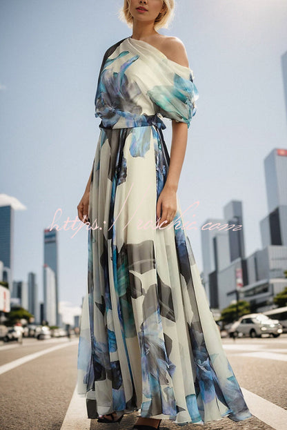 Unique Printed Short-sleeved One-shoulder Maxi Dress