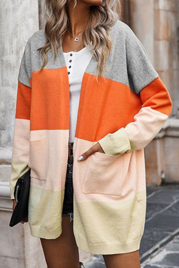 Contrasting Rainbow Paneled Striped Long Cardigan Sweater With Pockets