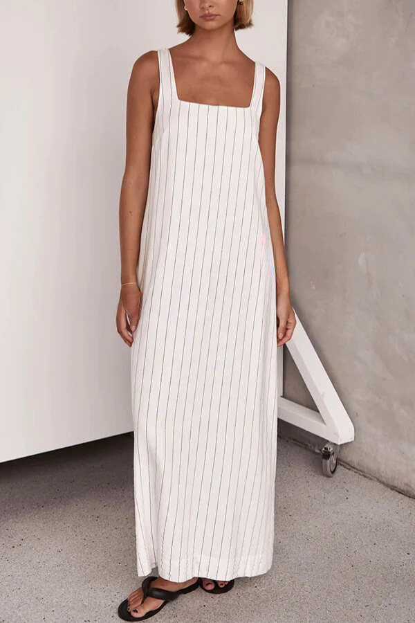 Simple and Linen Blend Pinstripe Detail Square Neck A-line Maxi Dress