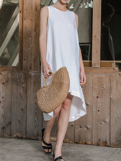 High-low Loose Color Round-neck Midi Dresses