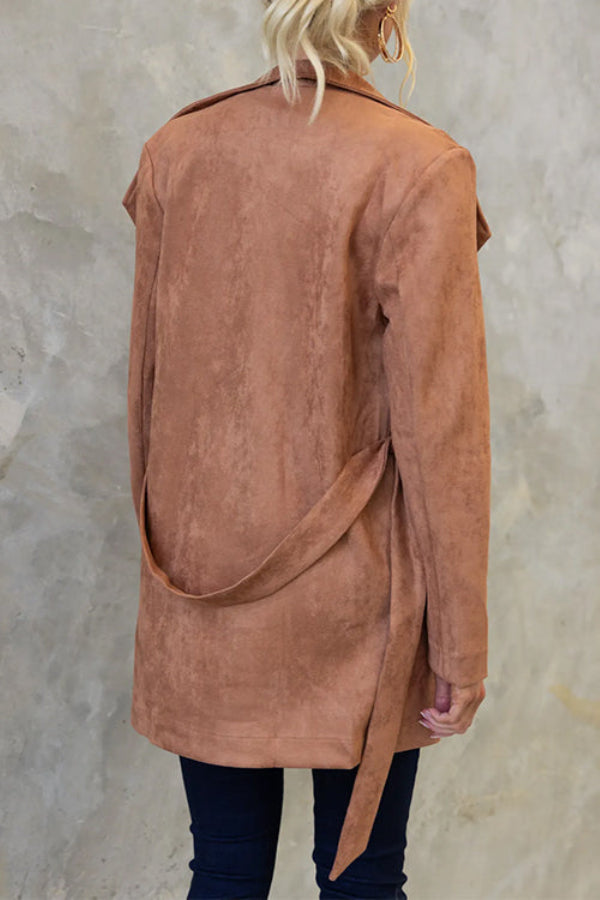 Collared Open Front Faux Suede Coat With Belt