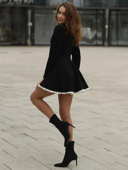 Black Lace Mini Dress – High Waist Party Gown
