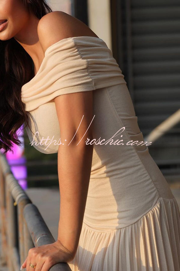 Off-shoulder Slim Fit Pleated Maxi Dress