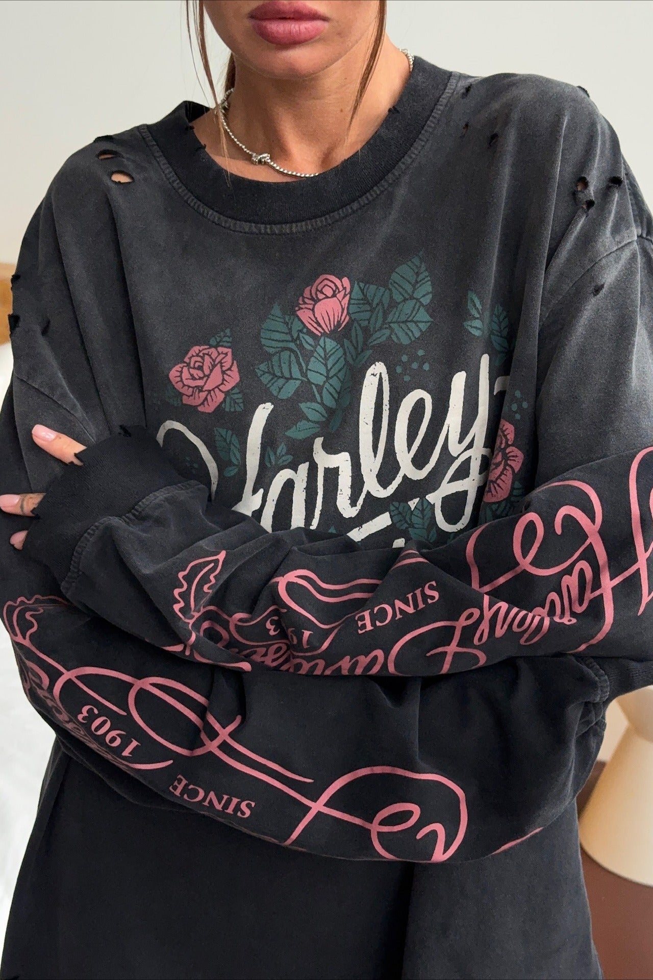 Distressed Rose Print Sweatshirt