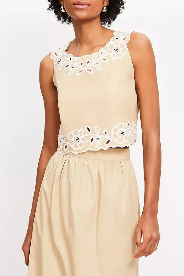 Vacation Season Eyelet Poplin Tank and High Rise Elastic Waist Midi Skirt