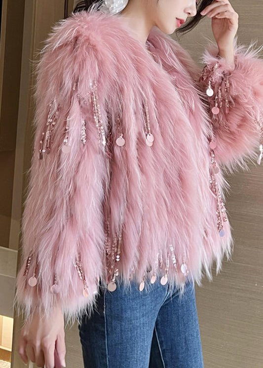 Pink O-neck Tassel Leather and Fur Coats Winter Wv032