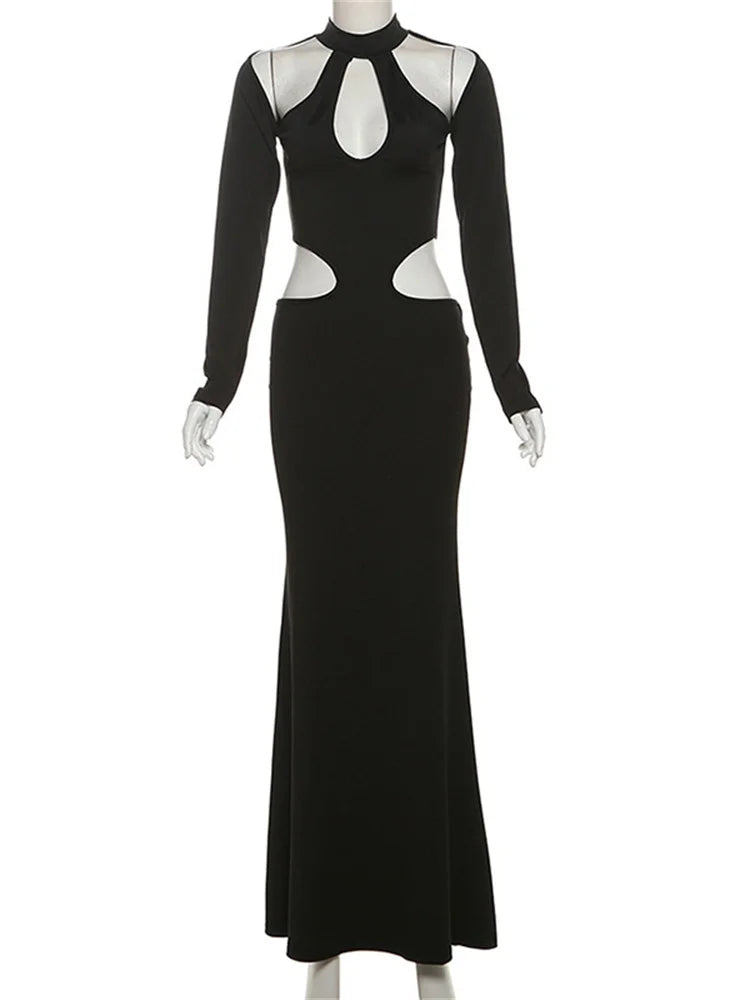Black Hollow Out Long Dress Female Patchwork Autumn Long Sleeve Skinny Party Dress Gown