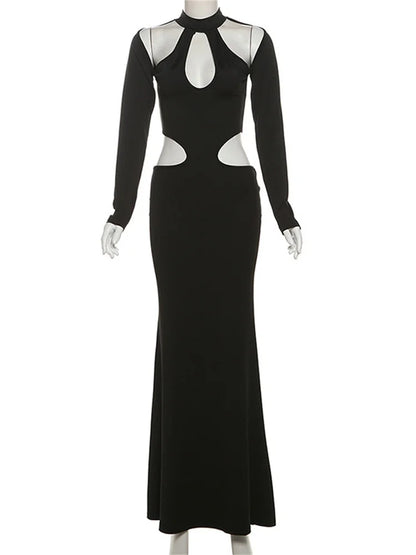 Black Hollow Out Long Dress Female Patchwork Autumn Long Sleeve Skinny Party Dress Gown