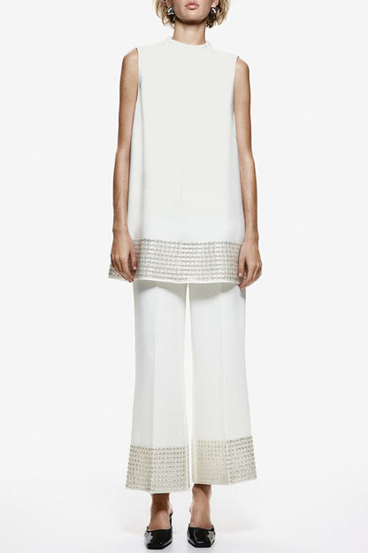 Simple but Not Simple Sequin Trim Back Elastic Waist Crop Loose Pants