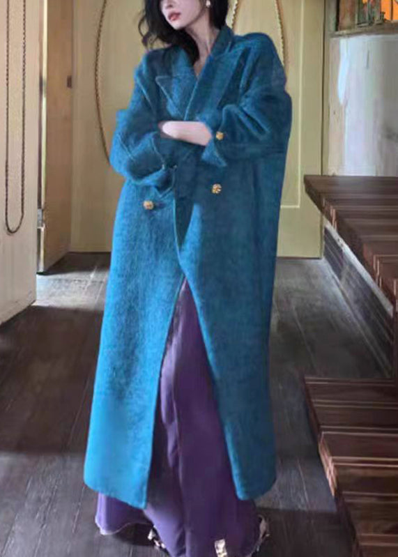 Organic Blue Notched Patchwork Pockets Maxi Woolen Coats Winter Wv008