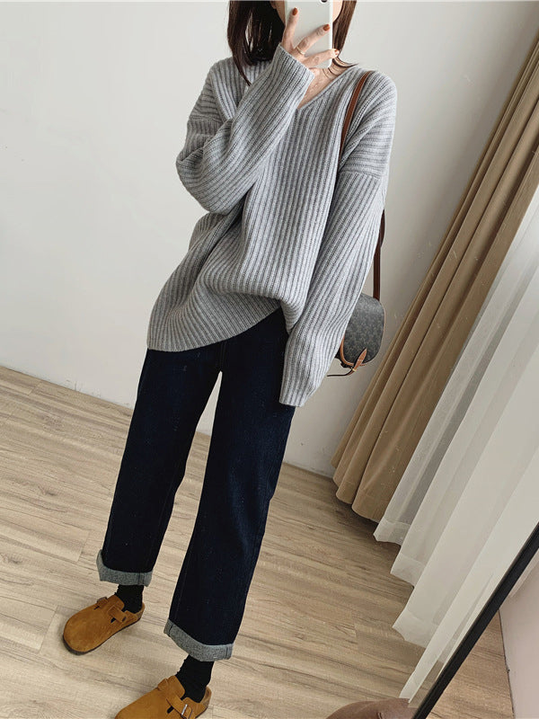 Caramel V-neck Long Sleeves Striped Knit Sweater Qx001
