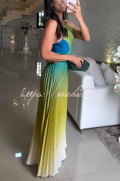 Fashionable Backless Tie Gradient Pleated Maxi Dress