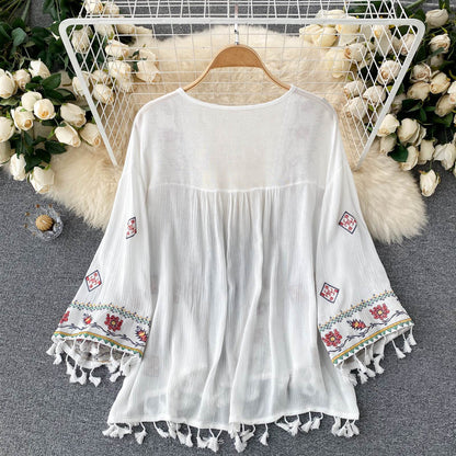 White Embroidered Three-quarter Sleeves Splicing Tassel Cardigan Ar1023