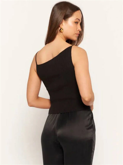 Black Ribbed T-shirt Top for Pullover Spaghetti Patchwork Sleeveless Summer Slim Body Top Female